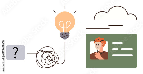 Tangle connecting a question mark to a glowing lightbulb and a user profile with a cloud surrounding. Ideal for problem solving, creativity, innovation, ID, flowchart, teamwork, simple flat metaphor