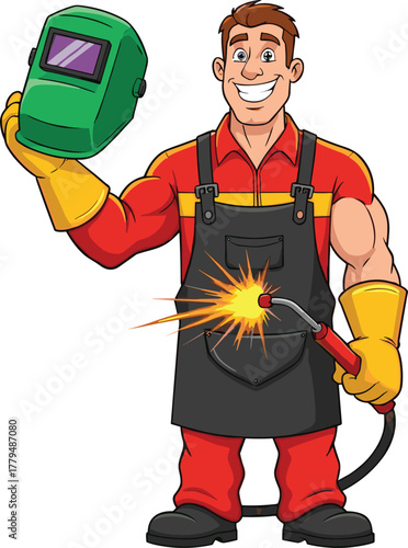Welder with torch and helmet cartoon illustration, symbolic craftsmanship and expressive industrial character artwork for design and education