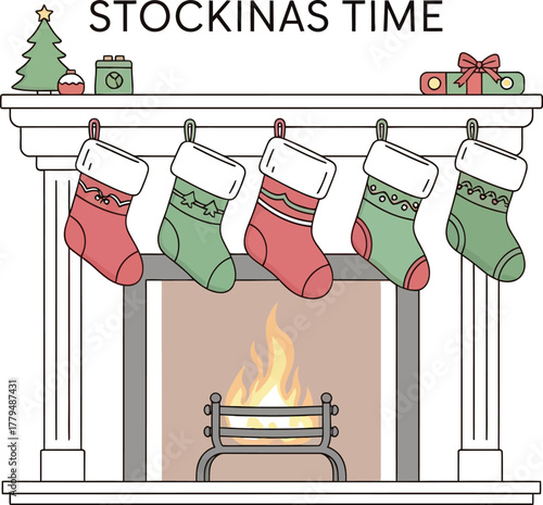 Festive fireplace mantel with christmas stockings hanging for holiday celebration