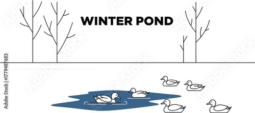 Ducks swimming in a winter pond illustration with snow and bare trees around it