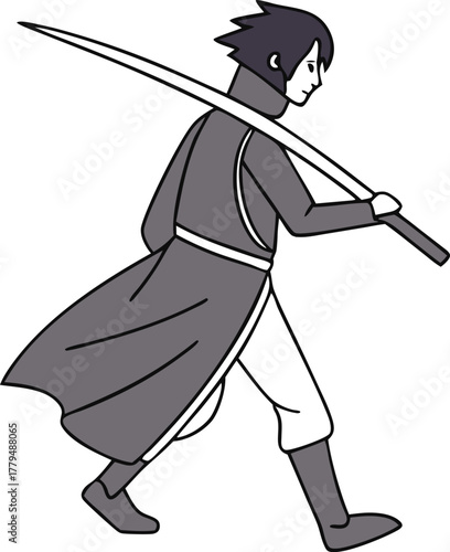 Anime character with dark hair and a long grey coat holding a sword ninja warrior