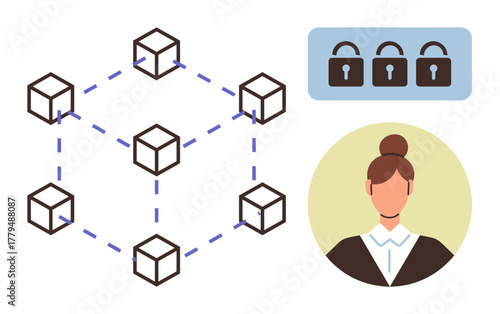 Visualized blockchain network with interconnected nodes, secure padlocks for data safety, and a professional individual portrait. Ideal for blockchain, data security, decentralization, technology