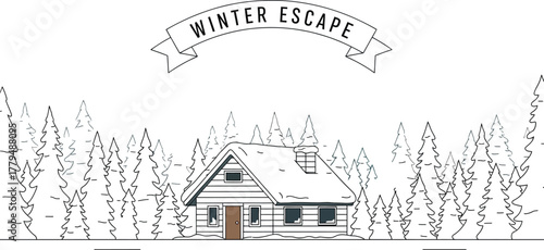 Cozy winter cabin nestled in a snowy forest with a winter escape banner above