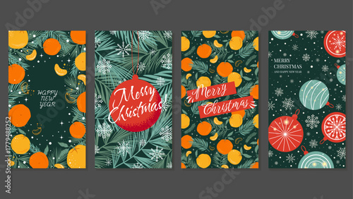 Set of templates for mobile greetings, Merry Christmas and New Year advertising banners. Colorful design with tangerines, oranges, Christmas tree branches, balls. Vector Covers for social Media