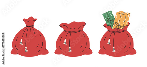 Christmas gift bags collection. Cute red Santa sacks filled with holiday presents, tied with decorative cords. Cozy festive flat cartoon design for winter celebration, greeting cards