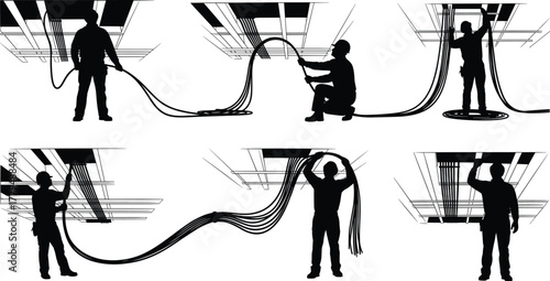 Cable installation silhouette, ceiling infrastructure work, network wiring poses, electrical maintenance, industrial setting, vector illustration, construction worker, cable routing