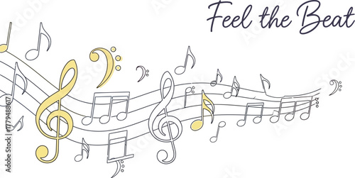 Colorful musical notes floating on staff lines with the words feel the beat