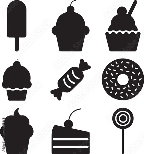 Collection of black silhouette icons of various sweet treats sweets candy