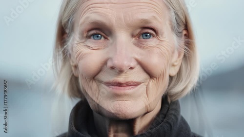 Close Up Timelapse of Female Face Becoming Elderly. Beautiful Scandinavian Nordic European woman.