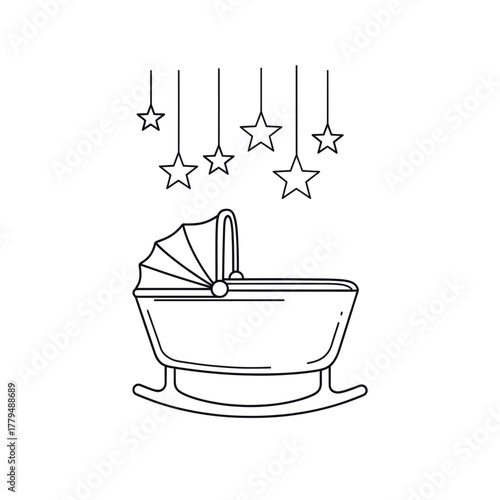 Baby cradle with hanging stars garland symbolizing nursery furniture and newborn care. Line art vector illustration, isolated on a transparent background
