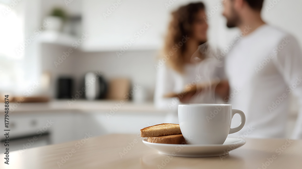 Obraz premium A warm beverage and toast await a couple starting their day in a bright, modern kitchen. A cozy moment amidst sleek design, focusing on simple pleasures.