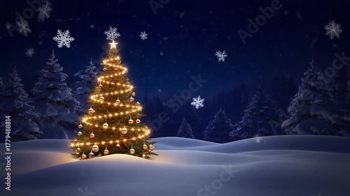 Quad Panel Winter Wonderland: Decorated Christmas Tree in Snowy Forest at Night