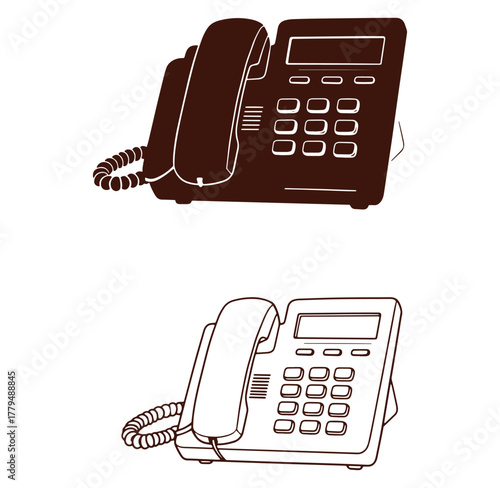 Modern office desk phones outlined in two different color tones with white background