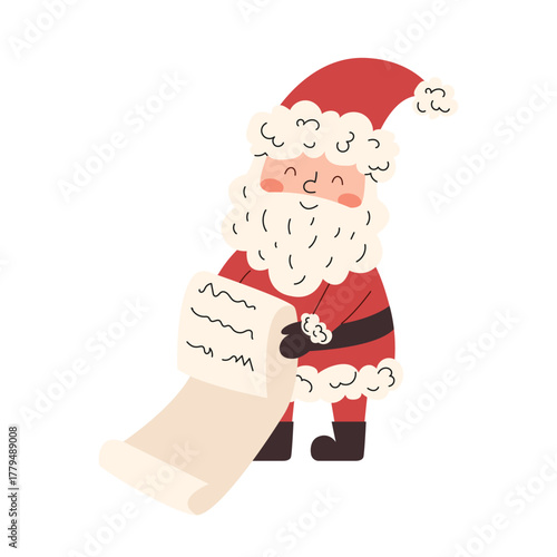 Santa Claus checking Christmas list before gift delivery. Cute flat winter character in cozy festive mood. Perfect design element for holiday cards, packaging, branding.