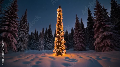 Magical Winter Night: Slender Spruce Adorned with Vintage Bubble Lights in Snowy Forest