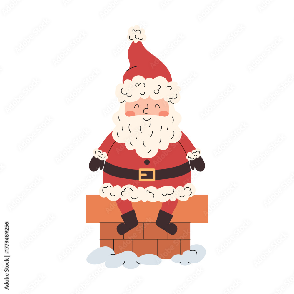 Obraz premium Santa Claus sitting on chimney after delivering gifts. Cute flat Christmas character with cozy winter feeling. Perfect holiday element for cards, packaging, branding, and festive decoration.