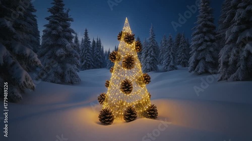Enchanted Winter Wonderland: Illuminated Christmas Tree in a Snowy Forest