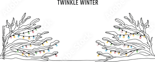 Twinkling winter holiday lights on snowy branches in a simple line art design