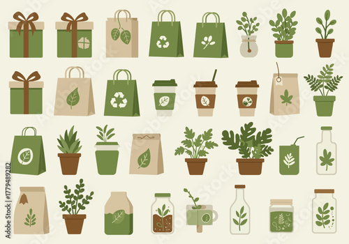 Collection of hand drawn eco friendly and sustainable product illustrations.