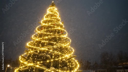Magnificent Christmas Tree Glowing with Golden Lights in Snowy Night