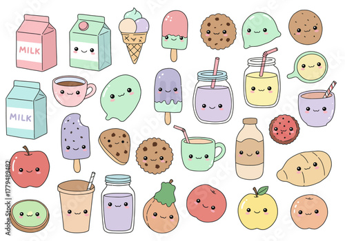 Set of adorable cartoon food and beverage doodles with faces.
