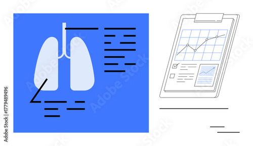 Medical lung diagram with labeled sections next to clipboard displaying charts and graphs on health data analysis. Ideal for healthcare, diagnostics, pulmonology, research, education, reports