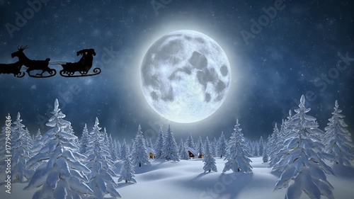 Magical Christmas Night: Santa's Sleigh Soaring Over Frosted Pine Forest Under Full Moon