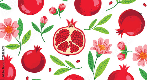 Seamless pattern with pomegranates, flowers and leaves on a light green background, a vibrant design