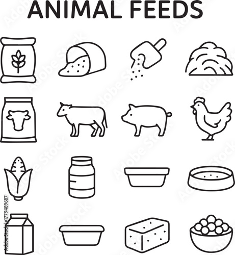 Vector monochrome line icon set about animal feed