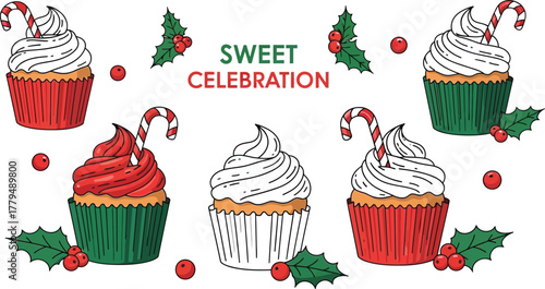 Festive holiday cupcakes with candy canes and holly berries for sweet celebrations