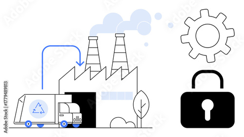 Recycling truck unloading by factory with chimneys, gear symbol highlighting production and lock symbolizing security. Ideal for recycling, industry, sustainability, security, eco-efficiency, safety