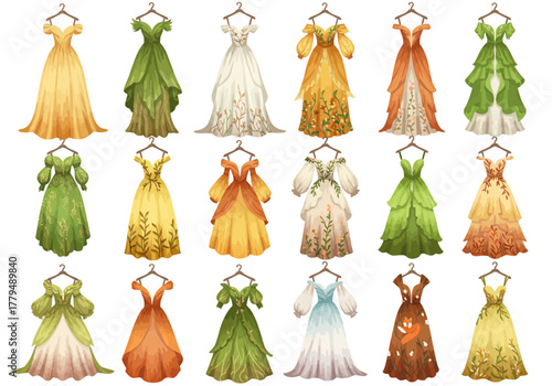 A beautiful collection of colorful fantasy ball gowns on hangers.