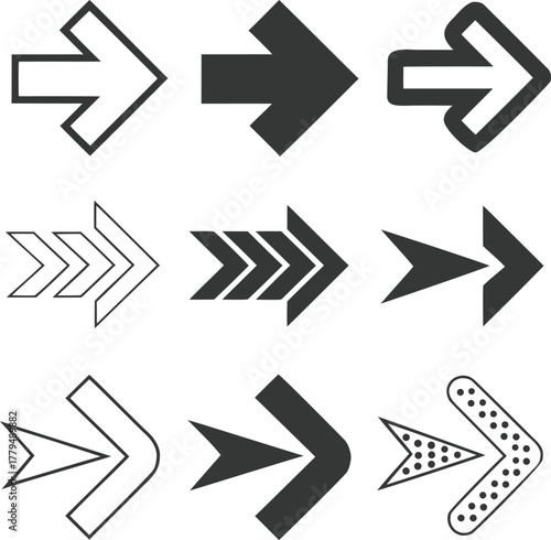 Nine dark gray and outline arrow icons in various designs direction pointer