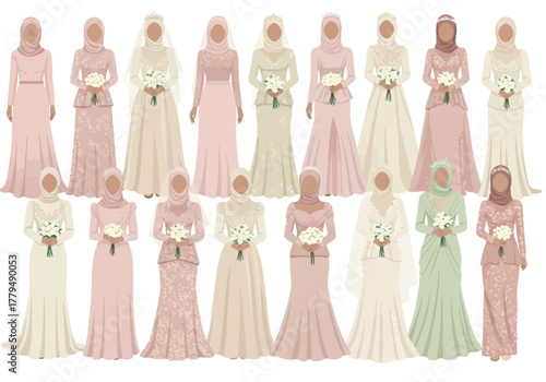 Collection of Muslim Brides in Elegant Wedding Dresses.