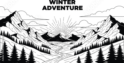 Black and white winter mountain landscape with trees and a winding river view