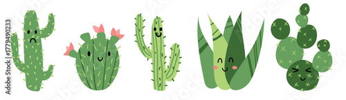 Cute succulent character plant cactus. Lovely whimsical sticker illustration collection houseplant in minimalistic style set. 