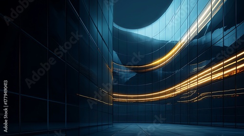 Fototapeta Naklejka Na Ścianę i Meble -  Curved futuristic passageway glowing blue lights high resolution picture