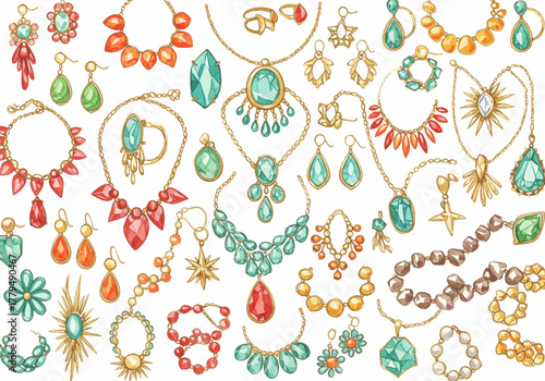 Hand drawn watercolor illustration of a large collection of jewelry.