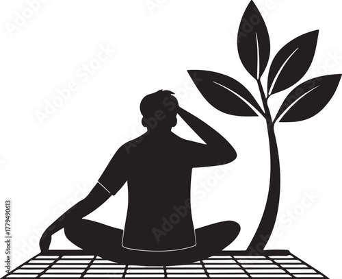 Silhouette of a person meditating next to a stylized tree on a mat meditation yoga