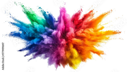 Explosion of colorful powder clouds creating abstract rainbow energy burst. Vibrant explosion of colorful holi paint powder in the air, creating a rainbow effect against a white background.