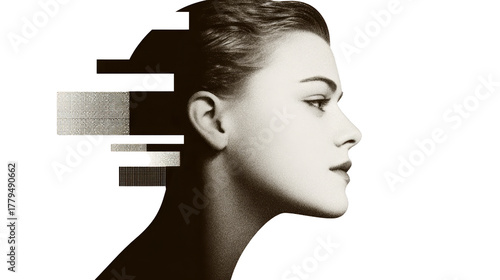 Profile of young woman with smooth skin, digital glitch effect, monochrome style, futuristic and serene mood, isolated on transparency background, modern art portrait