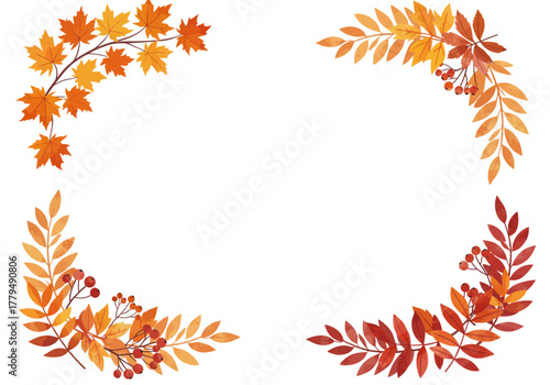 Beautiful Watercolor Autumn Leaves and Berries Corner Frame.