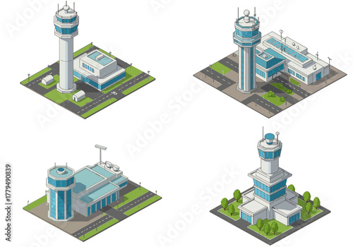 Isometric airport control towers and terminals illustration set for design.