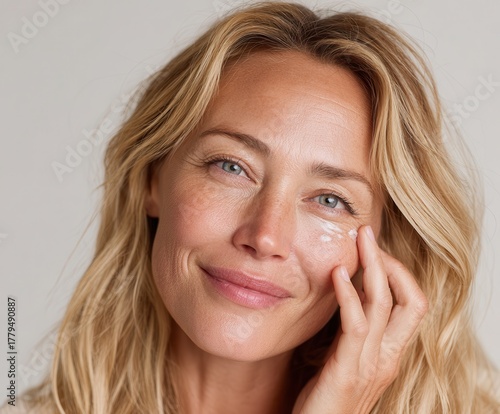 Mid-age blonde woman gently applying eye cream under her eyes with fingertip