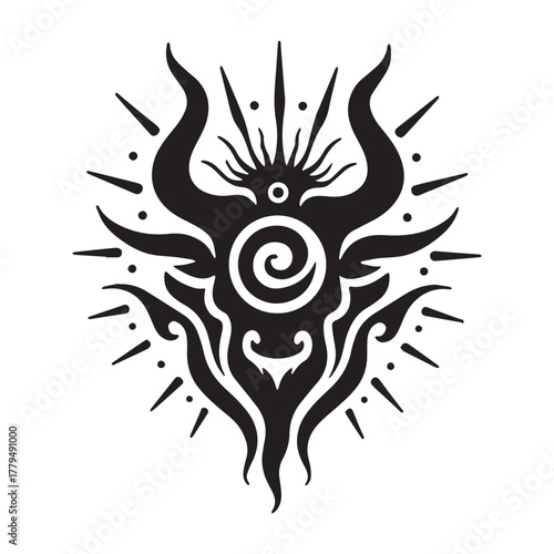 Mystical black tribal bull head symbol with swirling center and radiant sunburst rays on white background