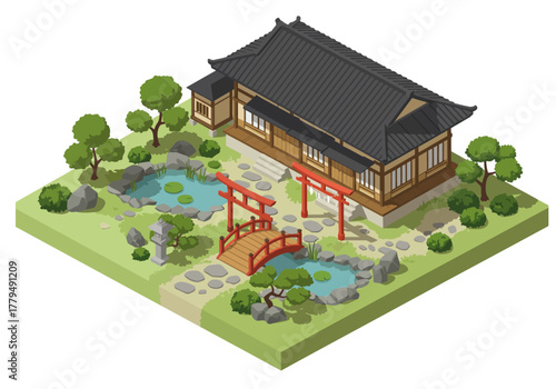 Isometric illustration of a traditional Japanese temple with a serene garden.