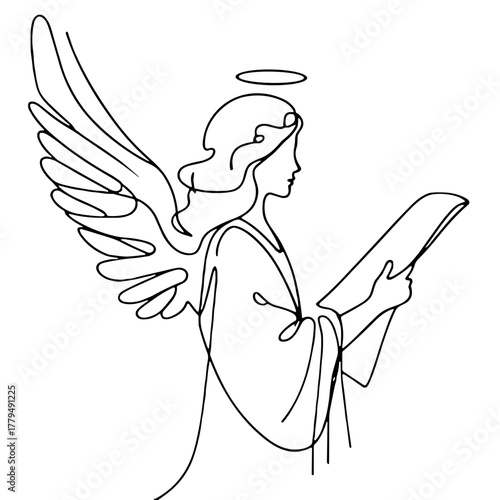 Angel announcing the good news Biblical Christmas Scenes outline / minimal linear vector