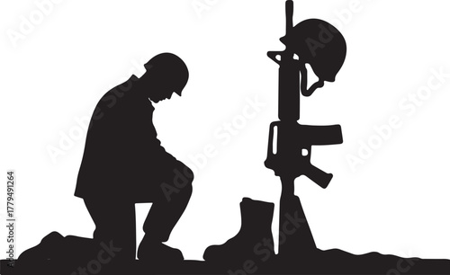 Military Battlefield Cross and Kneeling Soldier Tribute Silhouette Illustration