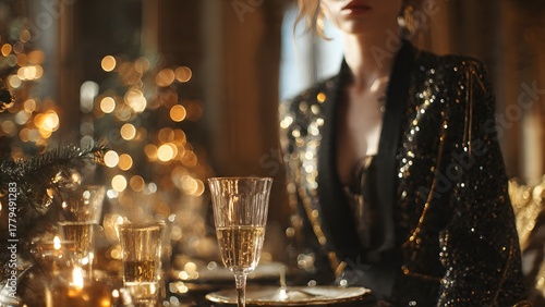 Luxury Christmas Aesthetic gold and black theme, champagne glasses