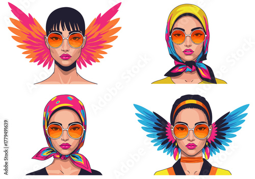 Collection of four stylish women portraits with colorful wings and headscarves.